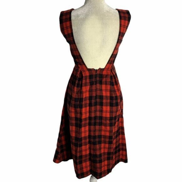 Nana For You Pinafore Wool Midi Dress S Red Plaid Open Back Zip Sleeveless - Picture 4 of 7